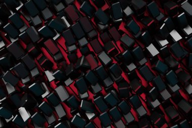 Üçgenlerin ve karelerin parlayan siyah ve kırmızı arkaplanı, 3D görüntüleme