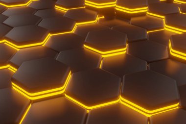 parlak altıgenler, siyah ve turuncu veya sarı soyut arkaplan geometrik şekillerden yapılmış, bal peteğinden yapılmış renk yapısı, 3D görüntüleme