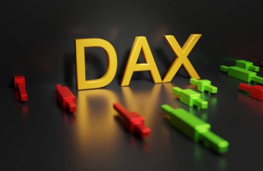 DAX, Almanya 'daki en önemli hisse senedi endeksidir. Kırmızı ve yeşil çizgili, Japon şamdanlı, 3D resimli koyu arkaplanlı altın harfler.