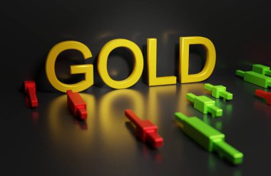 Japon şamdanlarının arka planına karşı Goldl, uçucu altın konsepti Forx piyasasında sözleşmeler, borsada ticaret, 3D yorumlama