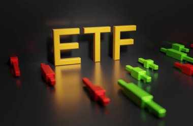 ETF 'nin altın işareti. Takas fonu ve Japon şamdanlarının grafiği. Borsada finansal endeks fonları kullanma konsepti.
