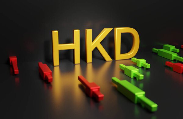 HKD against the background of Japanese candlesticks, the concept of volatility Hong Kong dollar in the forex market, trading on the stock exchange, 3d rendering