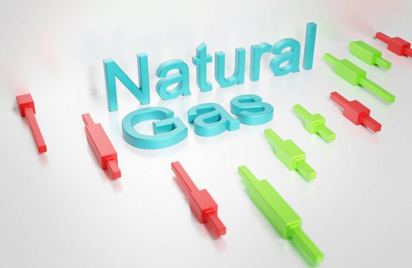 Natural gas on the background of the forex market chart with Japanese candlesticks, changes in natural gas prices on the commodity markets, 3d rendering