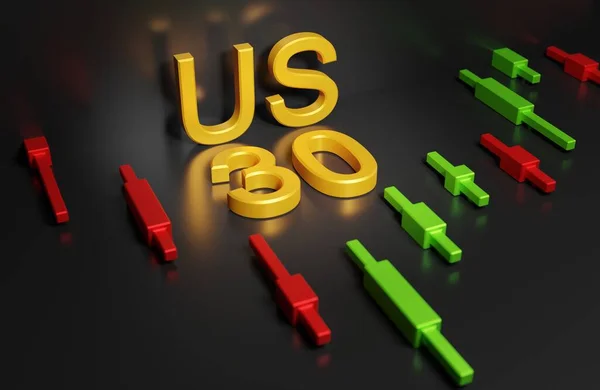 Het Gouden Symbool Us30 Index Achtergrond Van Grafiek Het Donkere — Stockfoto