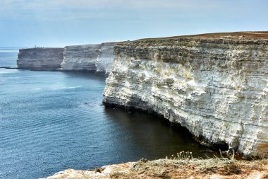 Deniz kenarında bir pelerin. Deniz manzarası, ufuk, sakin mavi deniz, sakin mavi deniz. Chalk rock, Cape Tarkhankut, Kırım. Beyaz taşın doğal dokusu.