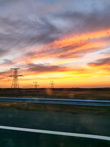 View Windshield Car Beautiful Sunset Large Highway Traveling Car Beautiful — Fotografia de Stock