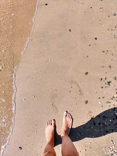 Woman Legs Barefoot Sea Sand Beach Summer Day Top View — Photo
