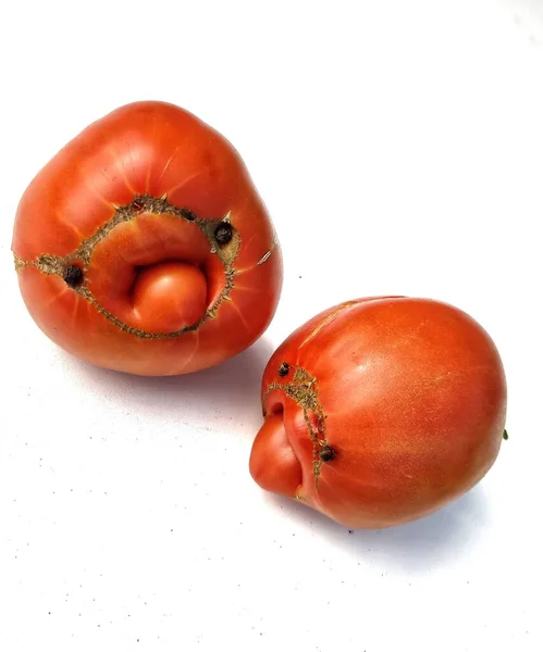 Twee Vrolijke Vrolijke Schattige Tomaten Met Glimlach Live Natuurlijke Groenten — Stockfoto