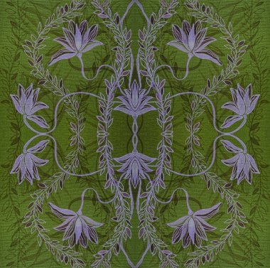 Kaliteli, dikişsiz doku, yapraklı baskı, çiçekler, zambaklar ve yeşil arkaplanda boncuklar.. 