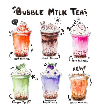 Taiwan Süt Çayı 'nın suluboya çizimi tapyoka incileri, buzlu kahve, meyve suyu ve diğer tatlı içecekler, Asya Tayvan içeceği, beyaz arka planda izole edilmiş..