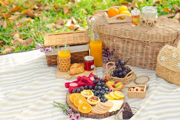 Színes Nyári Piknik Szabadban Finom Ételek Gyümölcslé Réten Természet Kertben — Stock Fotó