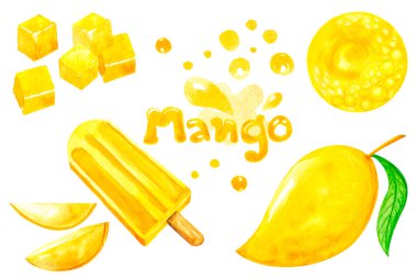 Suluboya koleksiyonu el çizimi mango, mango buzlu şeker, mango, dilimlenmiş mango ve suluboya lekeleri, beyaz arka planda izole edilmiş..