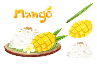 Yapışkan pirinç olgun mango hindistan cevizi sütüyle, Tayland tatlısıyla yaz mevsiminde, suluboya elle çizilmiş resim, beyaz arka planda izole edilmiş..