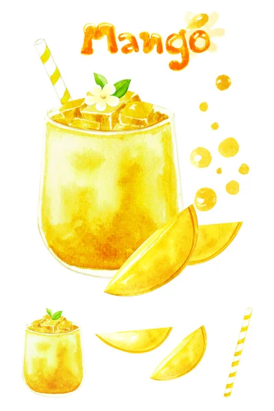 水彩画手绘图解芒果冰沙和冰镇芒果汁和果汁飞溅 切片芒果 分离于白色背景 — 图库照片