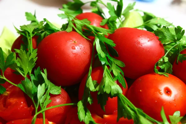 Fresh tomatoes and herbs — Stock Photo, Image