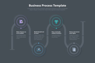 Dört adımlı basit bir iş şablonu, karanlık versiyon. Web siteniz veya sunumunuz için kullanması kolay.