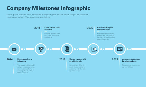 Modern infographic with five steps for company milestones - blue version. Easy to use for your website or presentation.