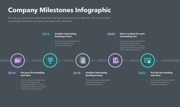Modern infographic with five steps for company milestones - dark version. Easy to use for your website or presentation.
