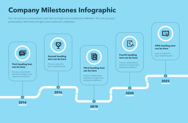 Modern curved road map timeline with five pointers - blue version. Easy to use for your website or presentation.