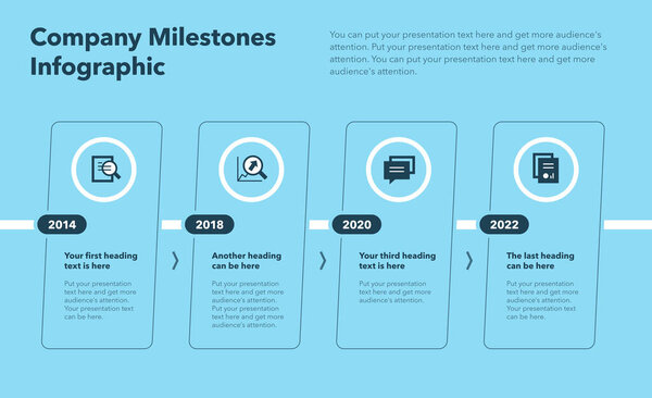 Company milestones template with four steps - blue version. Easy to use for your website or presentation.