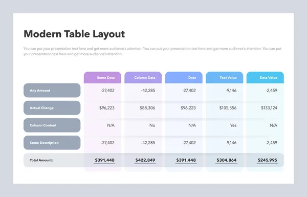 合計行を持つモダンなテーブルレイアウトテンプレート フラットデザイン あなたのウェブサイトやプレゼンテーションのために使いやすい — ストックベクタ