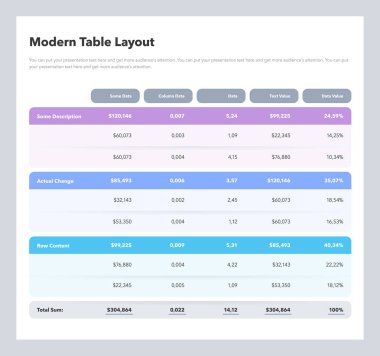 Modern table layout template with a total sum row. Flat design, easy to use for your website or presentation.