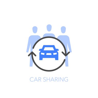 Bir grup insan ve bir araçla basit bir görselleştirilmiş araba paylaşımı sembolü. Web siteniz veya sunumunuz için kullanması kolay.