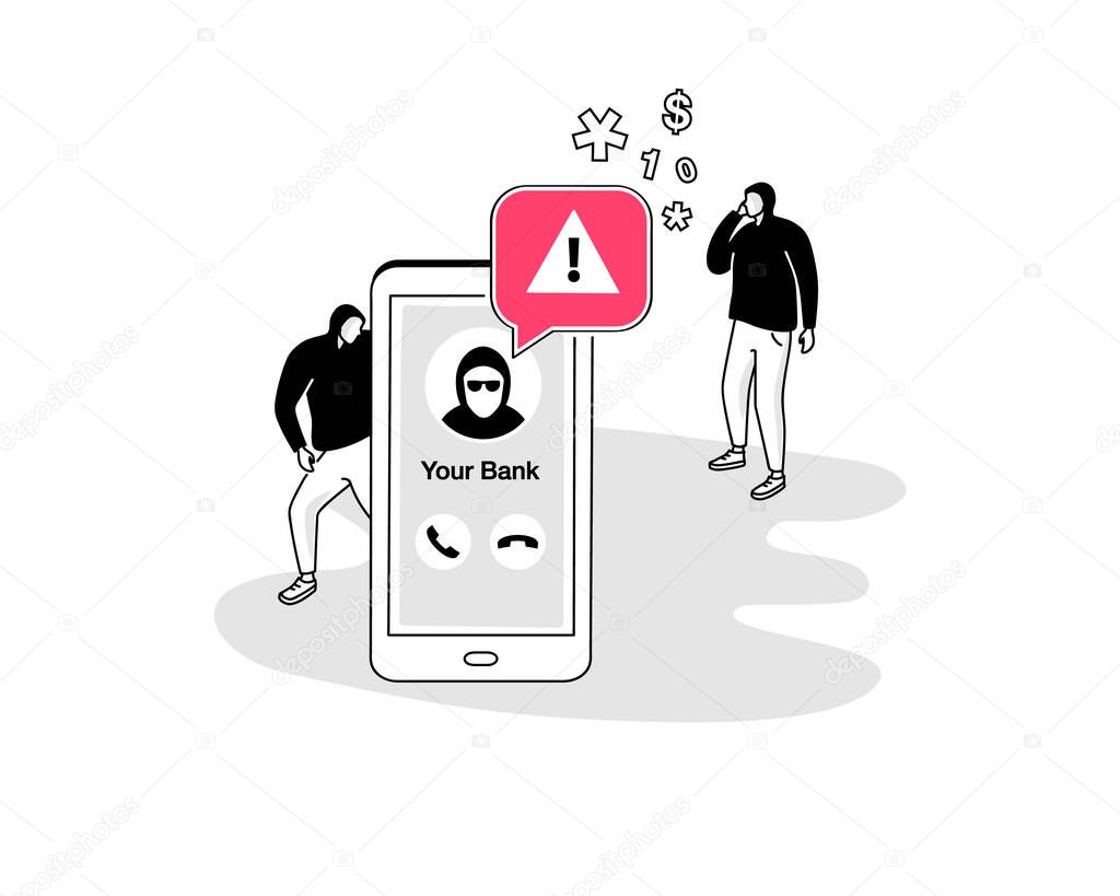 Illustration of a voice phishing symbol with a smartphone and fake bank phone call. Easy to use for your website or presentation.