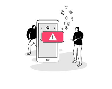 İki hackerlı SMS tehdidi sembolü ve gelen bir SMS mesajı. Web siteniz veya sunumunuz için kullanması kolay.