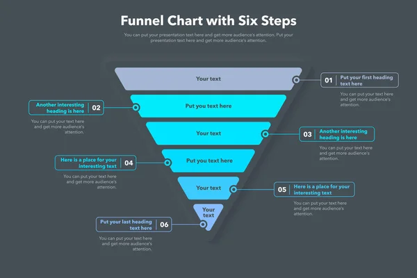 Funnel Chart Template Six Steps Dark Version Slide Business Presentation — Vettoriale Stock