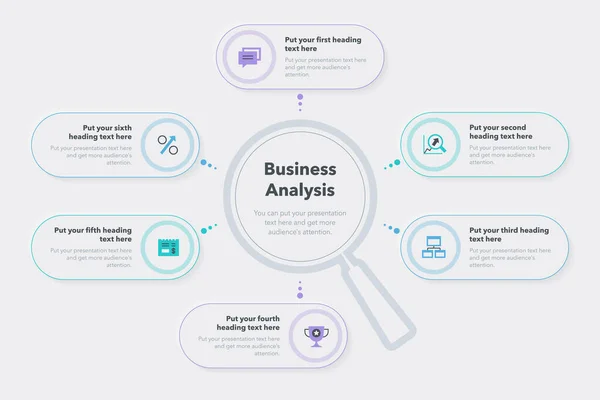 Business Analysis Template Six Stages Magnifier Main Symbol Easy Use — Stockvektor