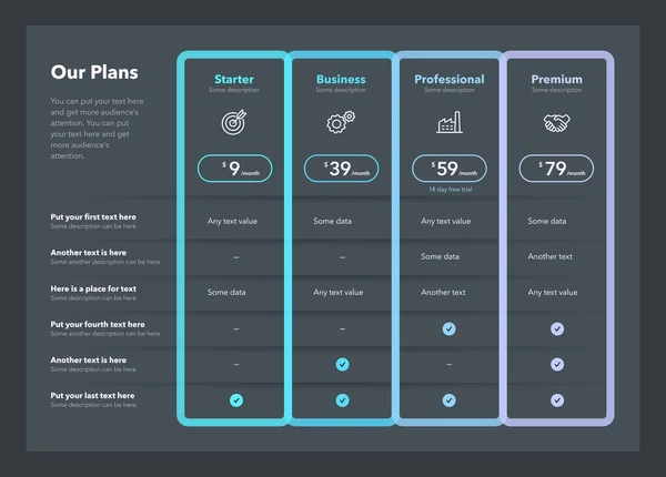 Modern Pricing Table Template Four Plans Dark Version Flat Infographic — ストックベクタ