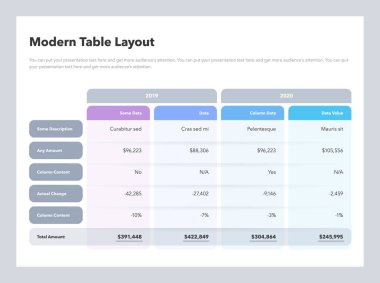 Modern table layout template with a total amount row. Easy to use for your website or presentation.