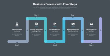 Business process with five steps - dark version. Simple flat template for data visualization.