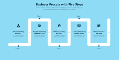 Beş adımlı bir iş süreci. Mavi versiyonu. Veri görselleştirmesi için basit düz şablon.