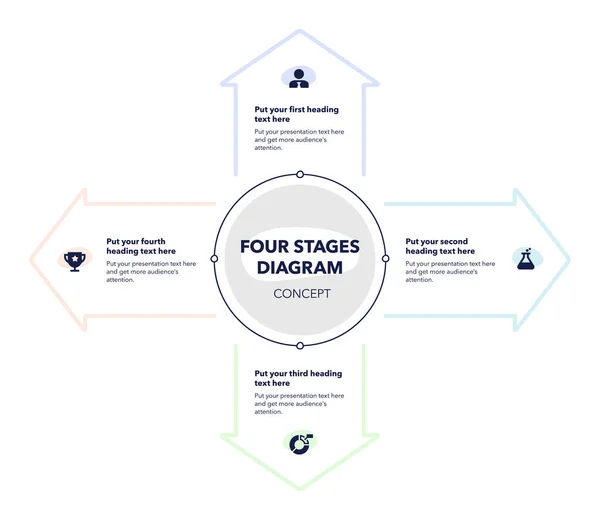 Freccia Diagramma Flusso Con Quattro Fasi Colorate Design Infografico Piatto — Vettoriale Stock