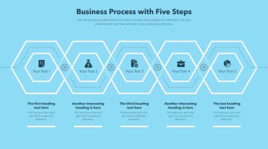Beş adımlı modern iş şablonu - mavi versiyonu. Web siteniz veya sunumunuz için kullanması kolay.