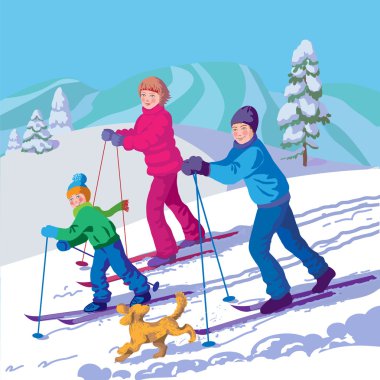 kış günü mutlu bir aile Kayak
