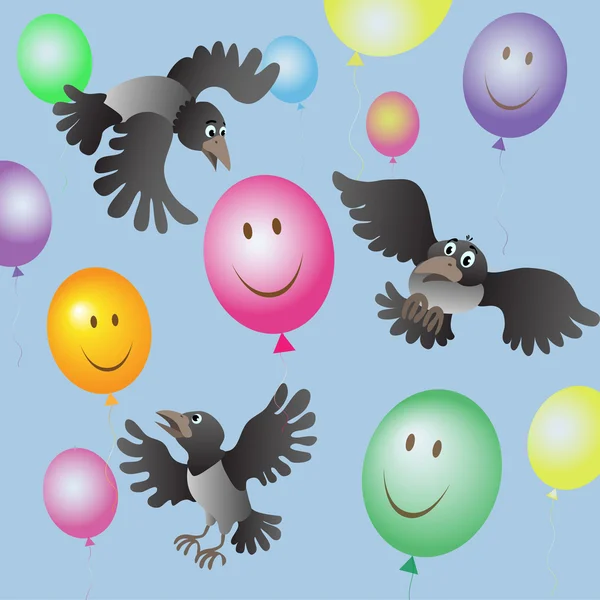 A flock of crows and colored balloons — Stock Vector