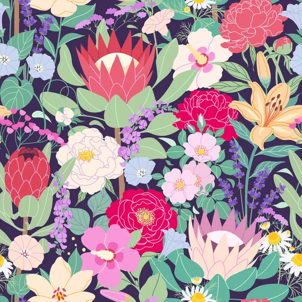 Patrón Sin Costuras Con Flores Jardín Flor Oscuridad Colorido Estampado — Archivo Imágenes Vectoriales