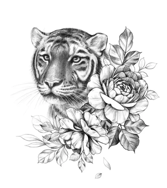 Cabeça Tigre Monocromática Desenhada Mão Com Rosas Isoladas Sobre Fundo — Fotografia de Stock