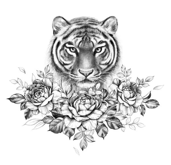 Testa Tigre Monocromatica Disegnata Mano Con Rose Isolate Sfondo Bianco — Foto Stock