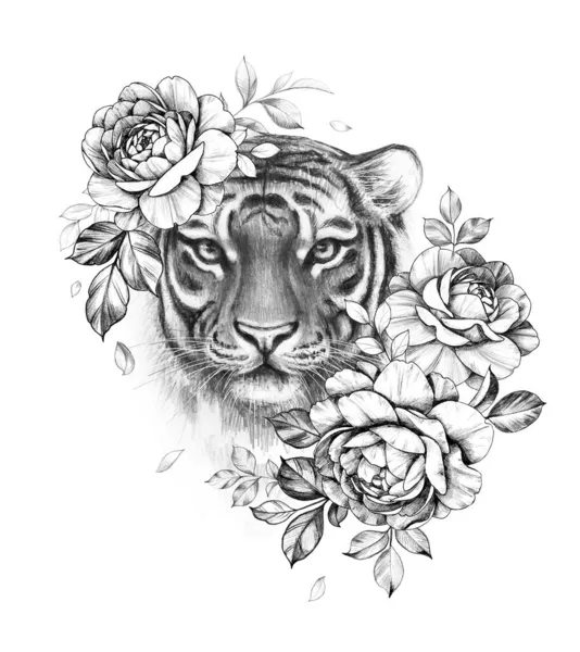 Testa Tigre Monocromatica Disegnata Mano Con Rose Isolate Sfondo Bianco — Foto Stock