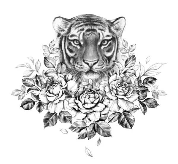 Ручной Рисунок Монохромной Головы Тигра Розами Выделенными Белом Фоне Рисунок — стоковое фото