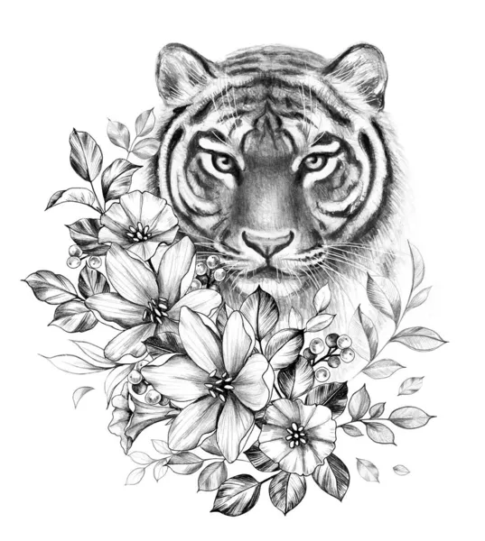 Handritade Monokroma Tigerhuvud Med Vilda Blommor Isolerad Vit Bakgrund Penna — Stockfoto