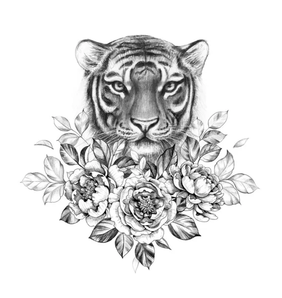 Ручной Рисунок Монохромной Головы Тигра Пионами Выделенными Белом Фоне Рисунок — стоковое фото