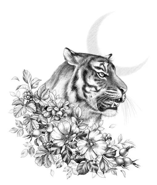 Testa Tigre Monocromatica Disegnata Mano Con Luna Bacche Fiori Selvatici — Foto Stock