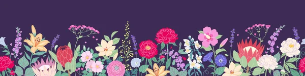 Bordure Horizontale Sans Couture Avec Des Fleurs Fleurs Sur Fond — Image vectorielle