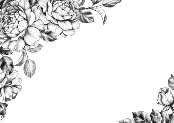 Fond Élégant Noir Blanc Avec Des Fleurs Roses Bordure Florale — Photo