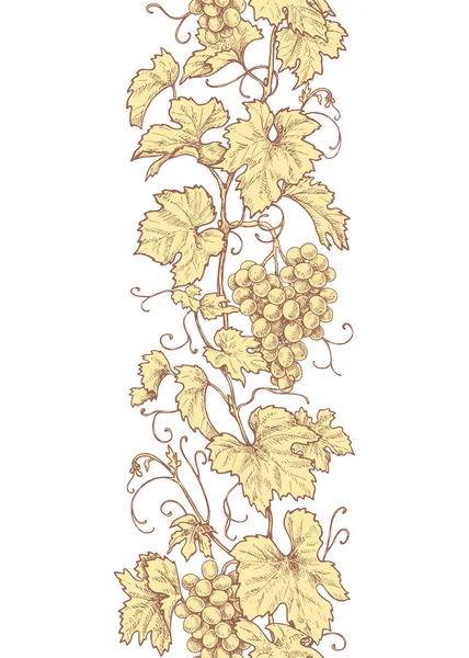 Vertical Seamless Border Grape Branches Leaves Berries Sketch Hand Drawn — Vector de stock
